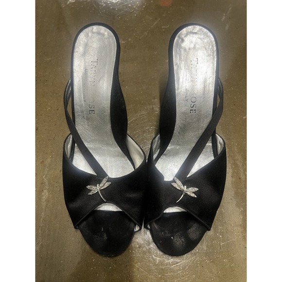 Taryn Rose Size 38 Women Black Satin Dragonfly Rhinestone Block Heel Sandals — photo 3